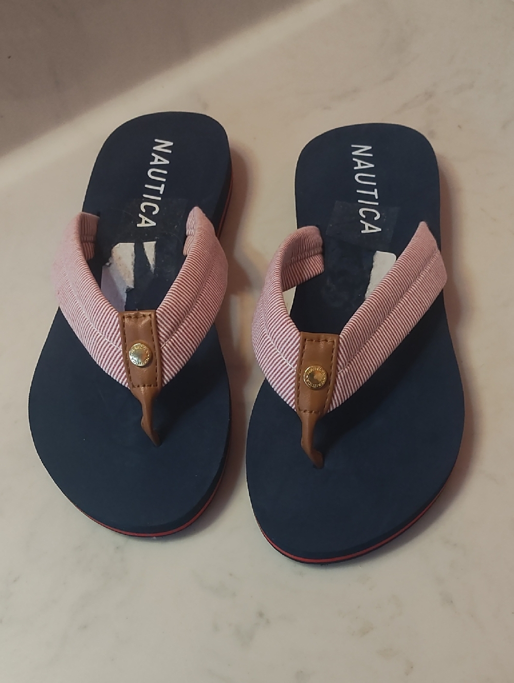 Nautica Women's Navy Flip Flop Sandals with Pink Striped Straps